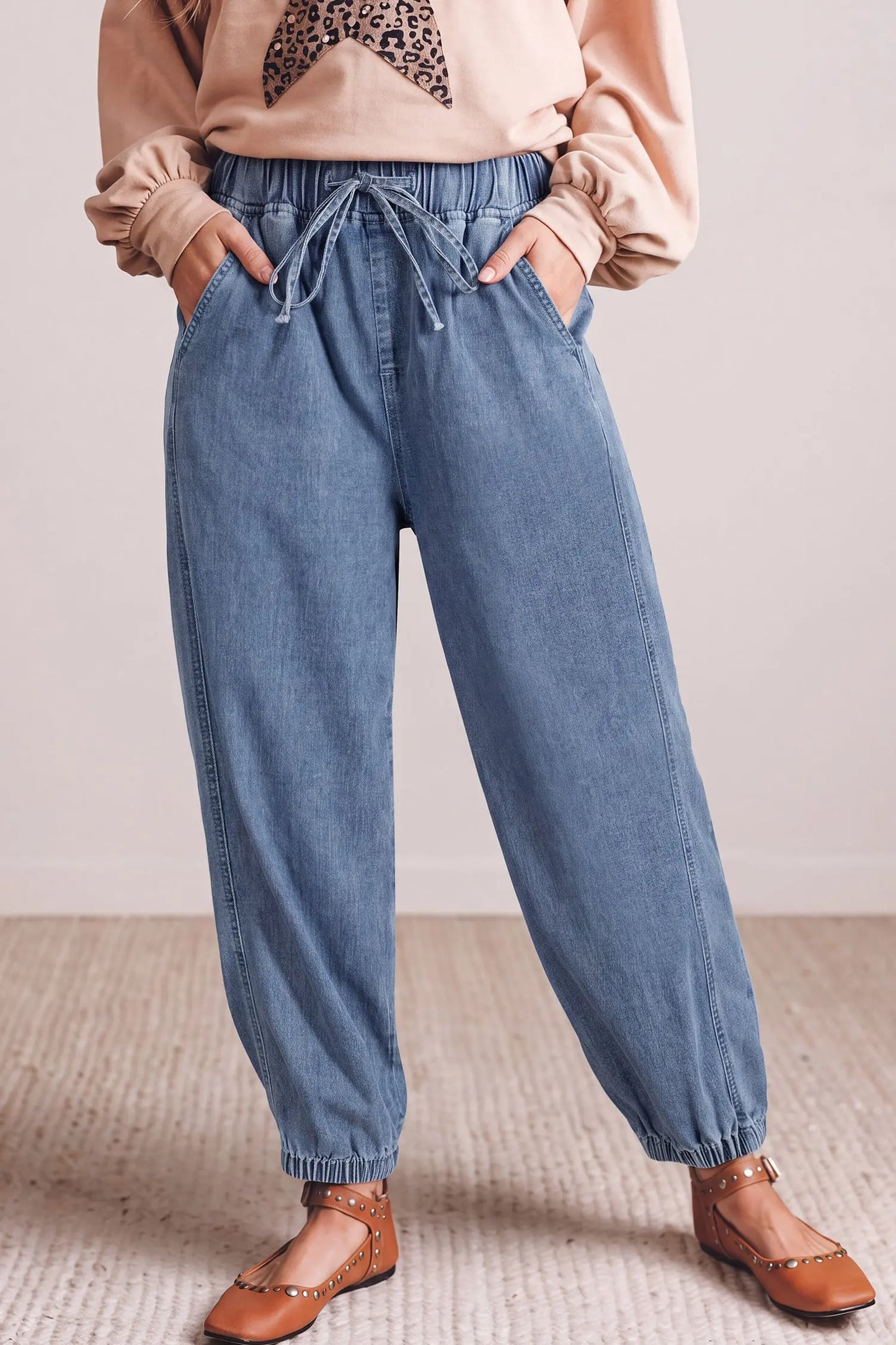 Dusk Blue Elastic Waist Harem Ankle Length Jeans