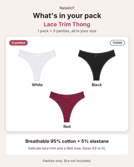 Tangas de algodón 95% para mujer con encaje, pack de 3