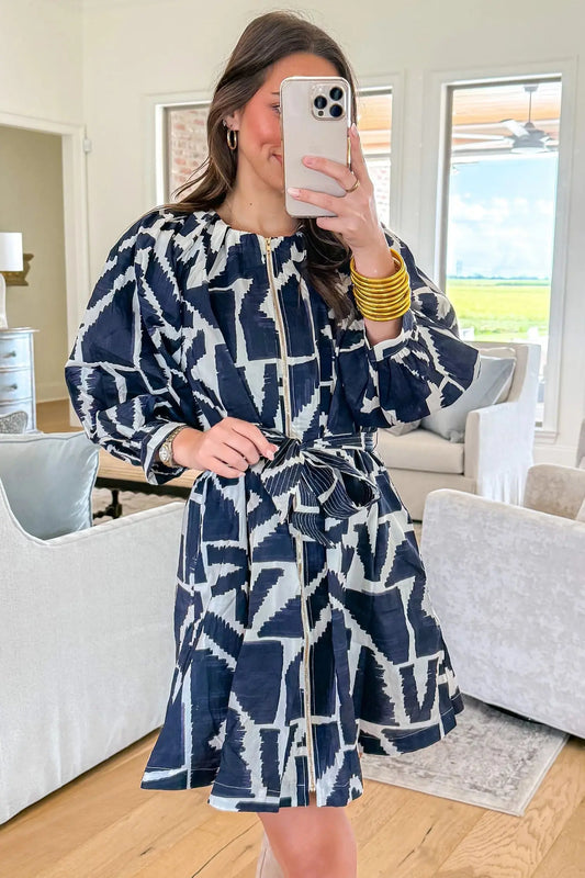 Blue Abstract Geometric Print Zip Front Tie Waist Shift Dress model front view · nz-alt-v1