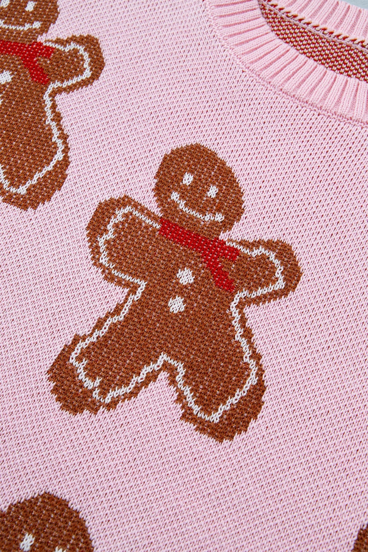 Pink Gingerbread Pattern Round Neck Long Sleeve Shift Sweater