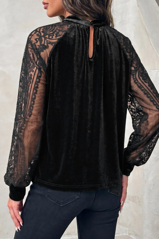 Color Black Solid Color Sheer Lace Long Sleeve Patchwork Stand Neck Velvet Blouse