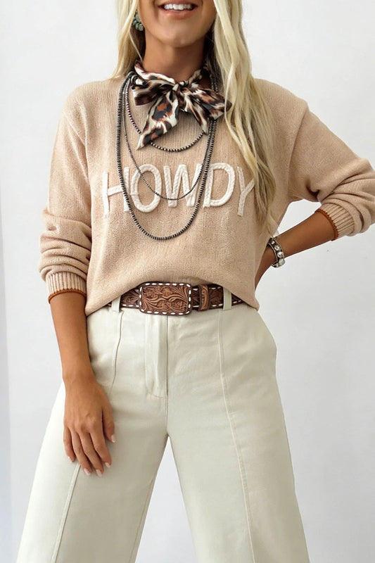 Parchment Corder HOWDY Letter Graphic Crew Neck Relaxed Sweater model front view · nz-alt-v1
