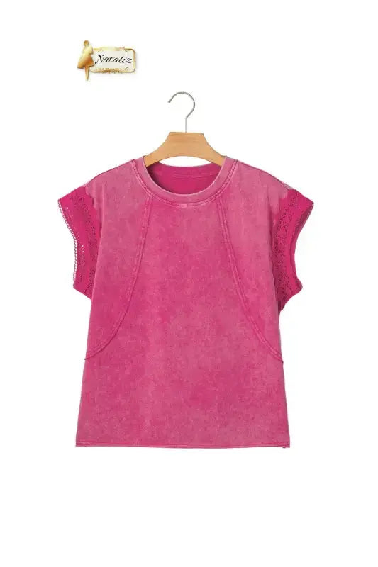 100% Cotton Pink Mineral Wash Raw Seam Detail Lace Trim Cap Sleeve Top Nataliz