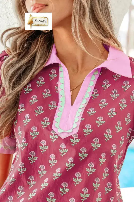 100% Cotton Red Contrast Collared V Neck Ricrac Trim Short Puff Sleeve Flower Blouse Dear-Lover Dropshipping