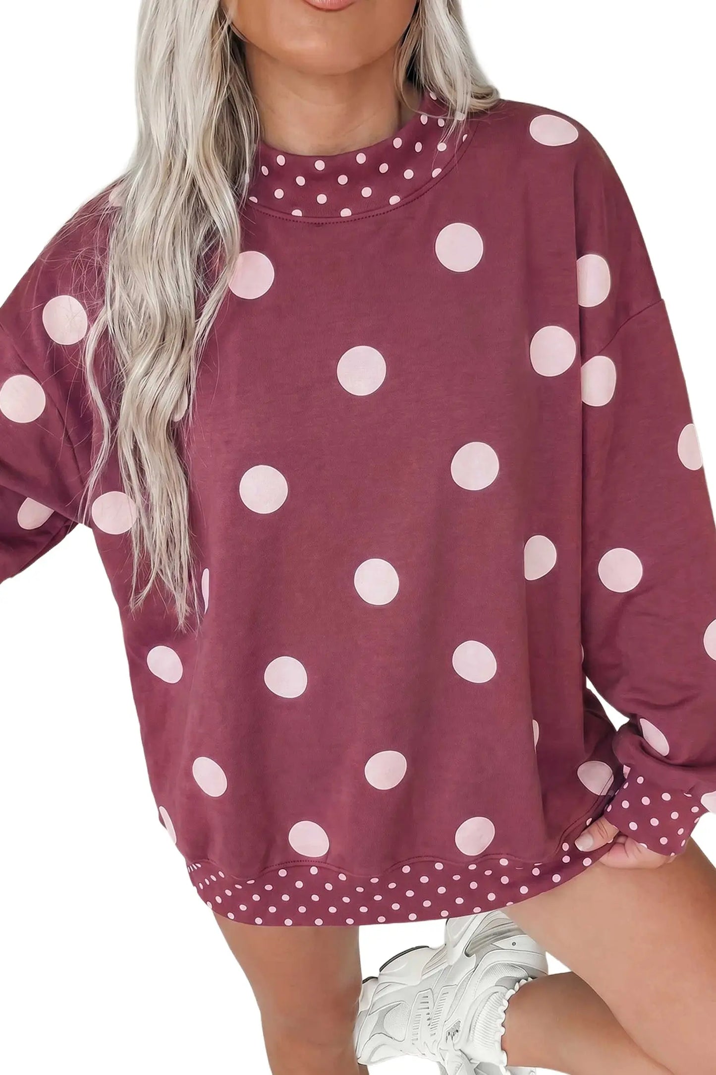 Brown Polka Dot Print Contrast Detail Oversized Tunic Sweatshirt