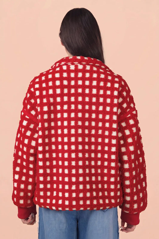 Fiery Red Plaid Zip-up Long Sleeve Jacket
