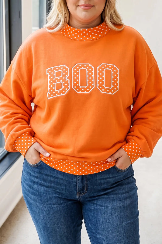 Grapefruit Orange Polka Dot Patchwork Letter Graphic Plus Size Sweatshirt model front view · nz-alt-v1