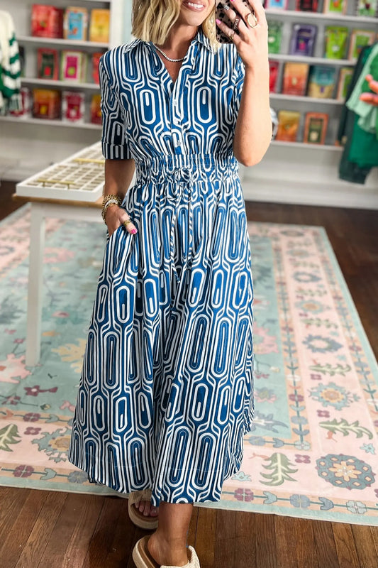 Blue Geometric Print Short Sleeve Drawstring Shirt Collar Dress model front view · nz-alt-v1