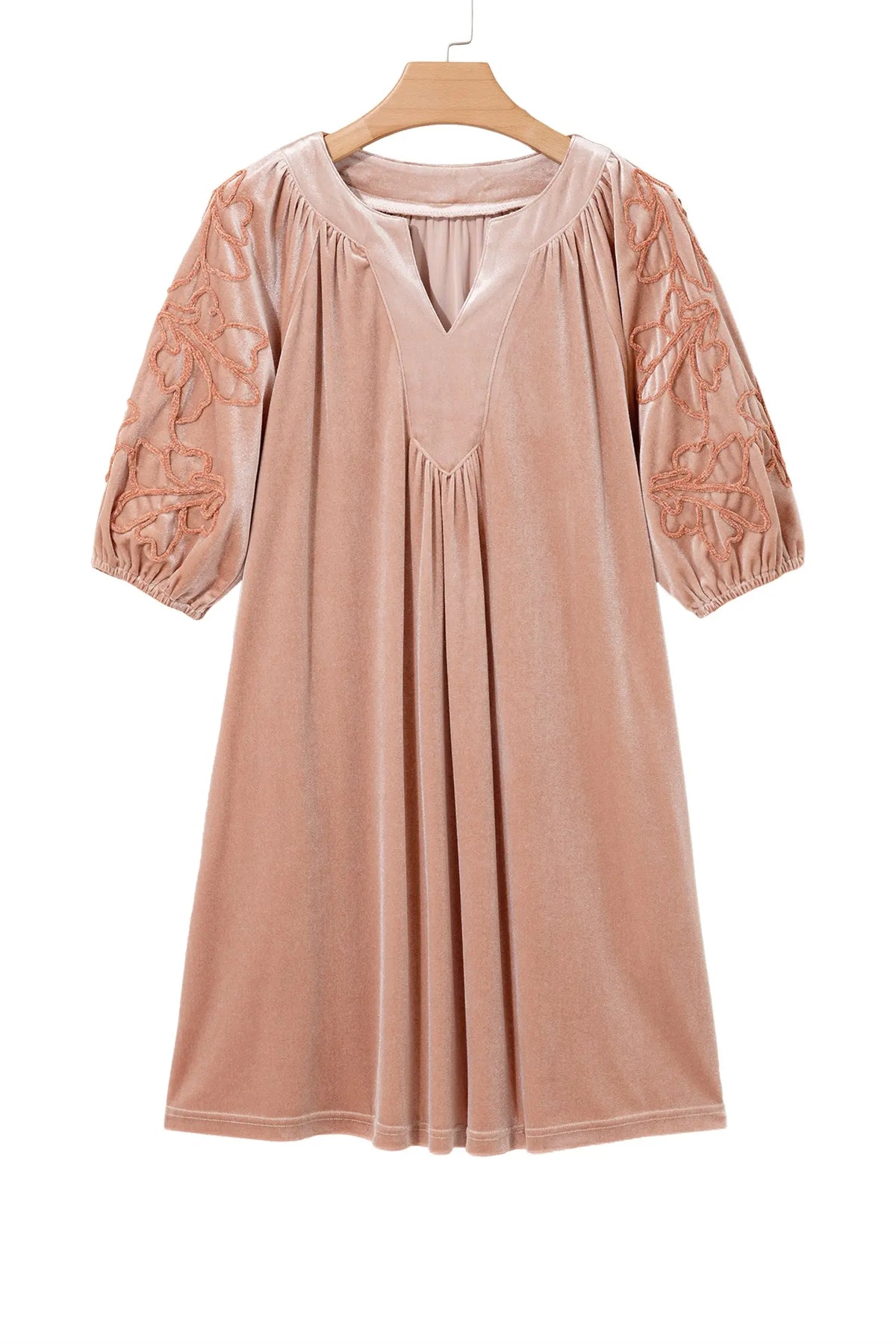 Light French Beige Embroidered Sleeve Velvet Mini Shift Dress