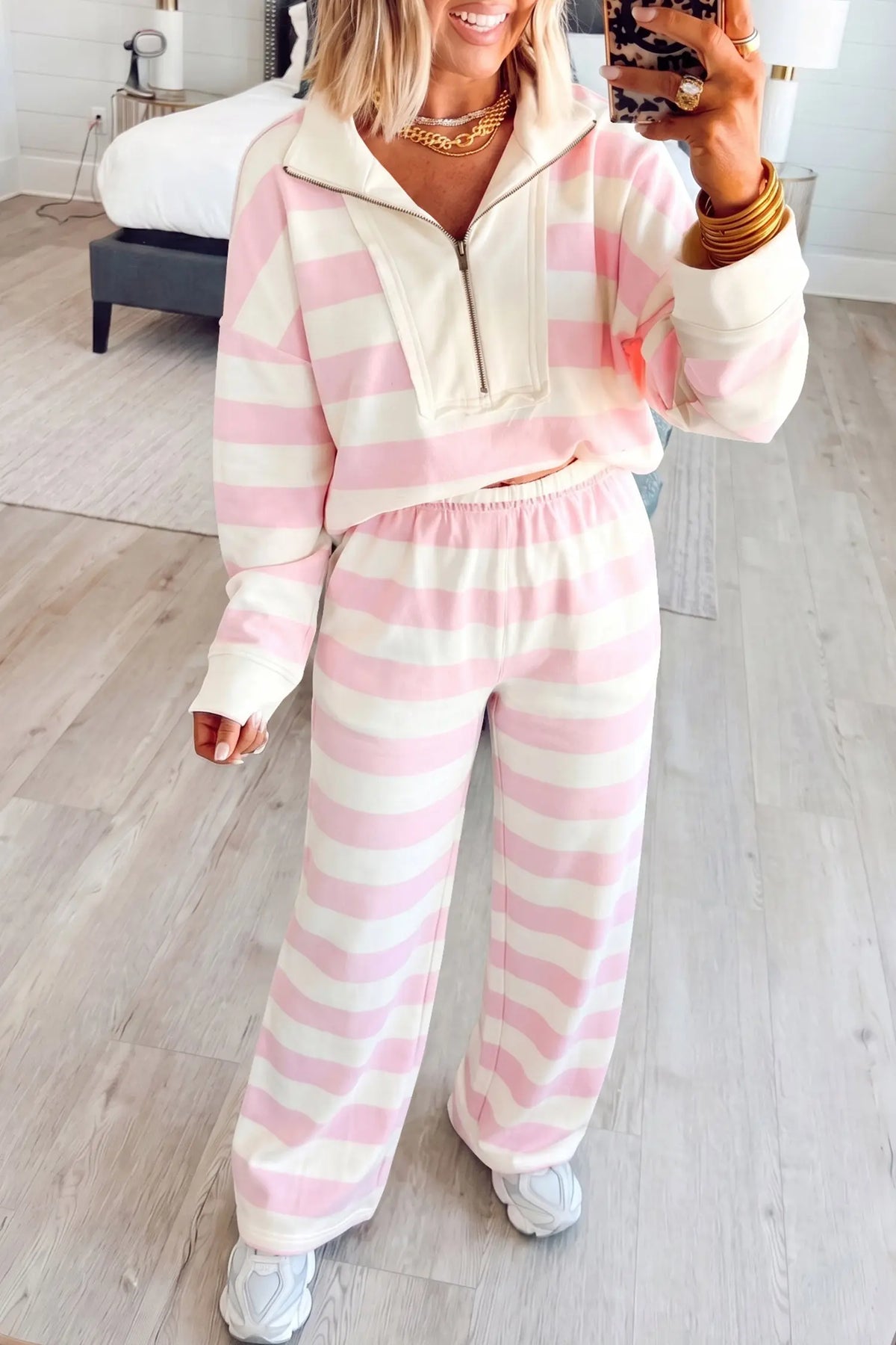 Pink Stripe Color Block Zip Top and Pants Set model front view · nz-alt-v1