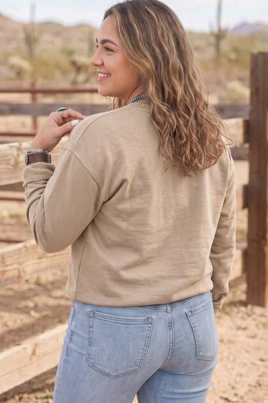 Parchment PRAY letter patchwork round neck plus size sweatshirt model back view · nz-alt-v1