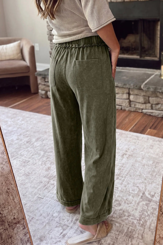 Jungle Green Mineral Wash Seam Detail Flare Leg Drawstring Pants model back view · nz-alt-v1