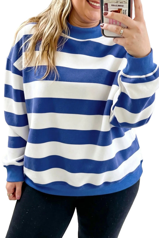 Blue Stripe Ribbed Trim Stand Neck Dropped Shoulder Plus Size Sweatshirt model front view · nz-alt-v1