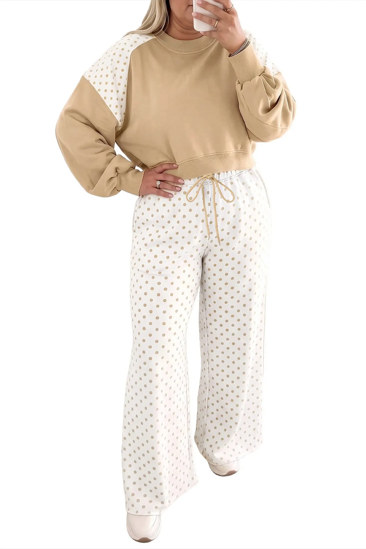 Khaki plus size color block polka dot long sleeve top and drawstring pants set, model front view · nz-alt-v1