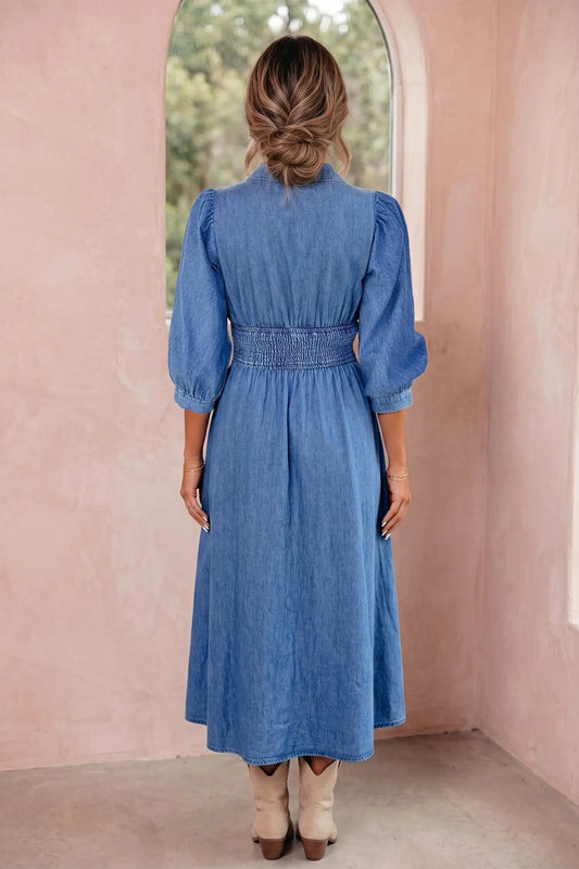 Blue V Neck Shirred Waist Metal Zipper Denim Midi Dress model back view · nz-alt-v1