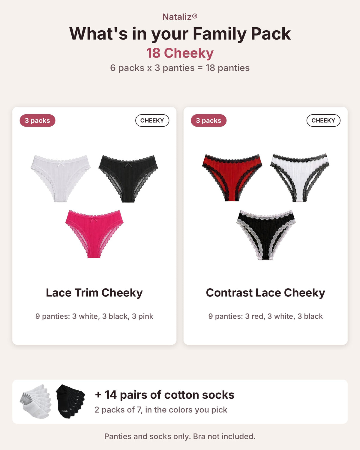 Family Pack: 18 Women's 95% Cotton Panties + 14 Pairs Cotton Socks