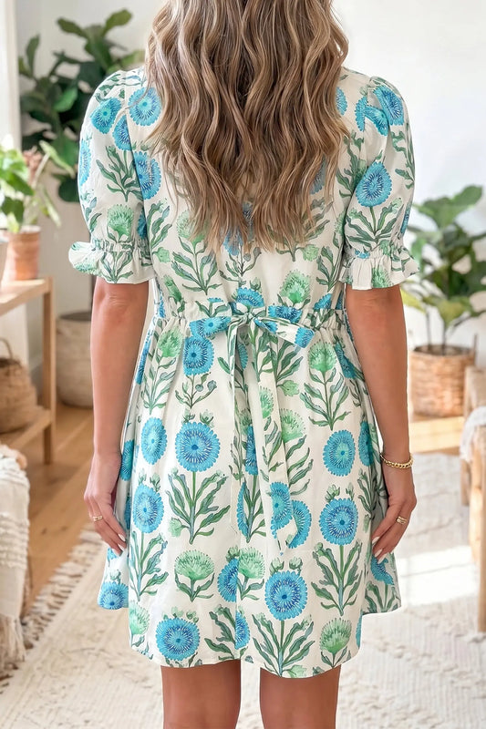 Sky Blue Floral Print Half Button Frilly Short Sleeve Dress model back view · nz-alt-v1