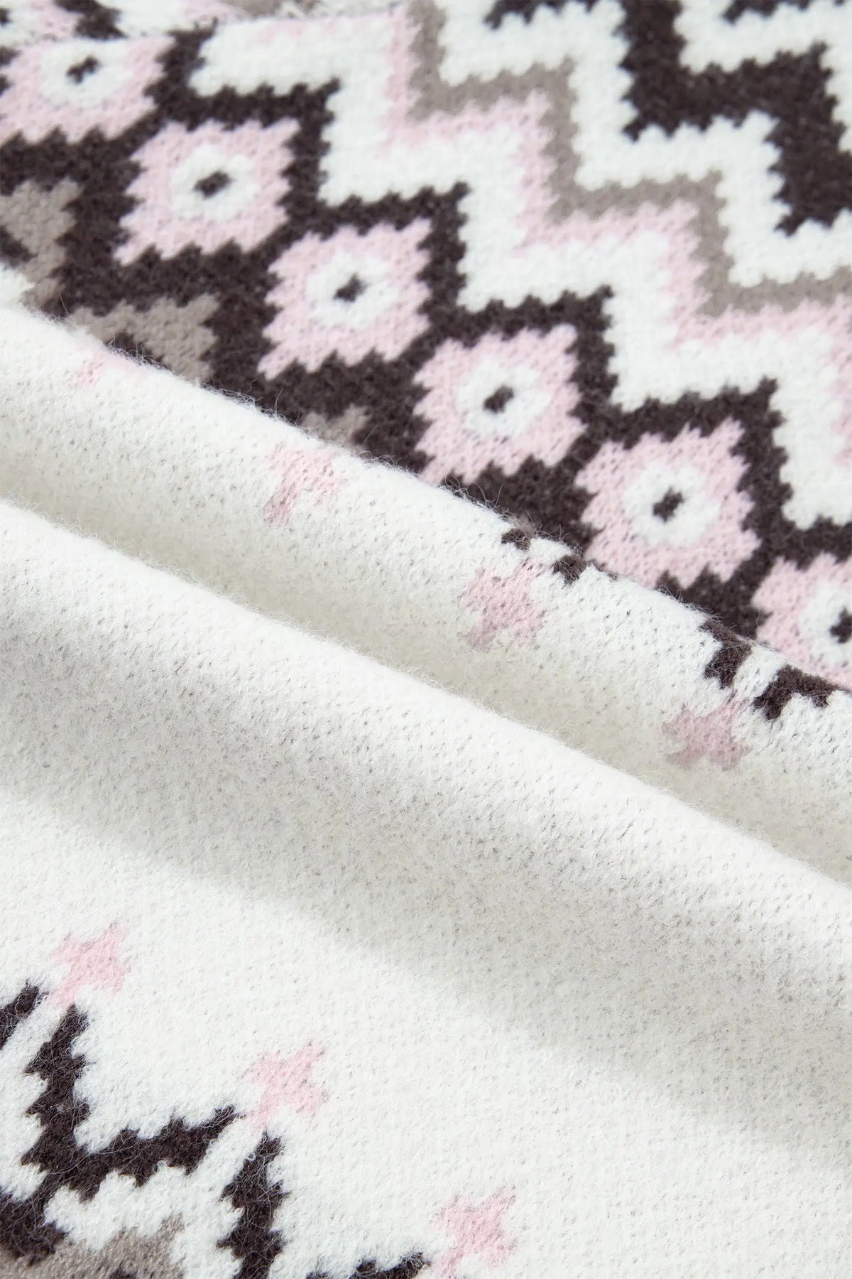 White Geometric Pattern Brushed Knit Button Cardigan
