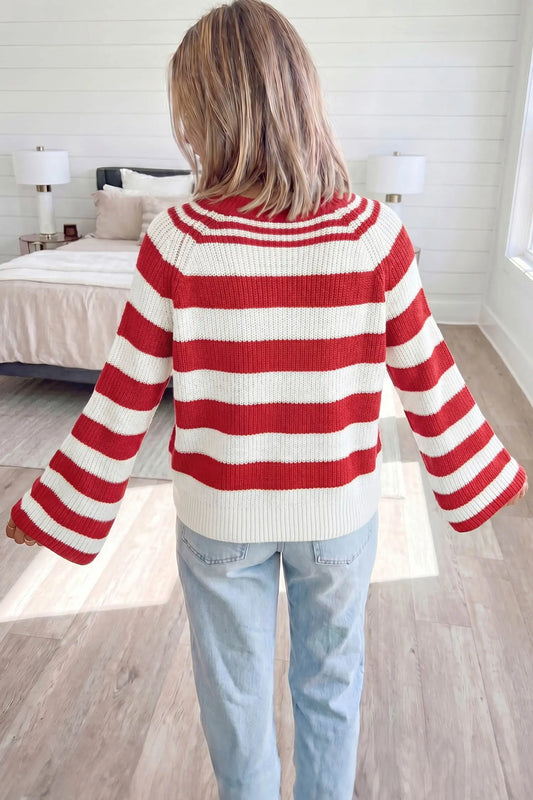 Red Stripe Striped Colorblock V Neck Long Sleeve Shift Sweater model back view · nz-alt-v1