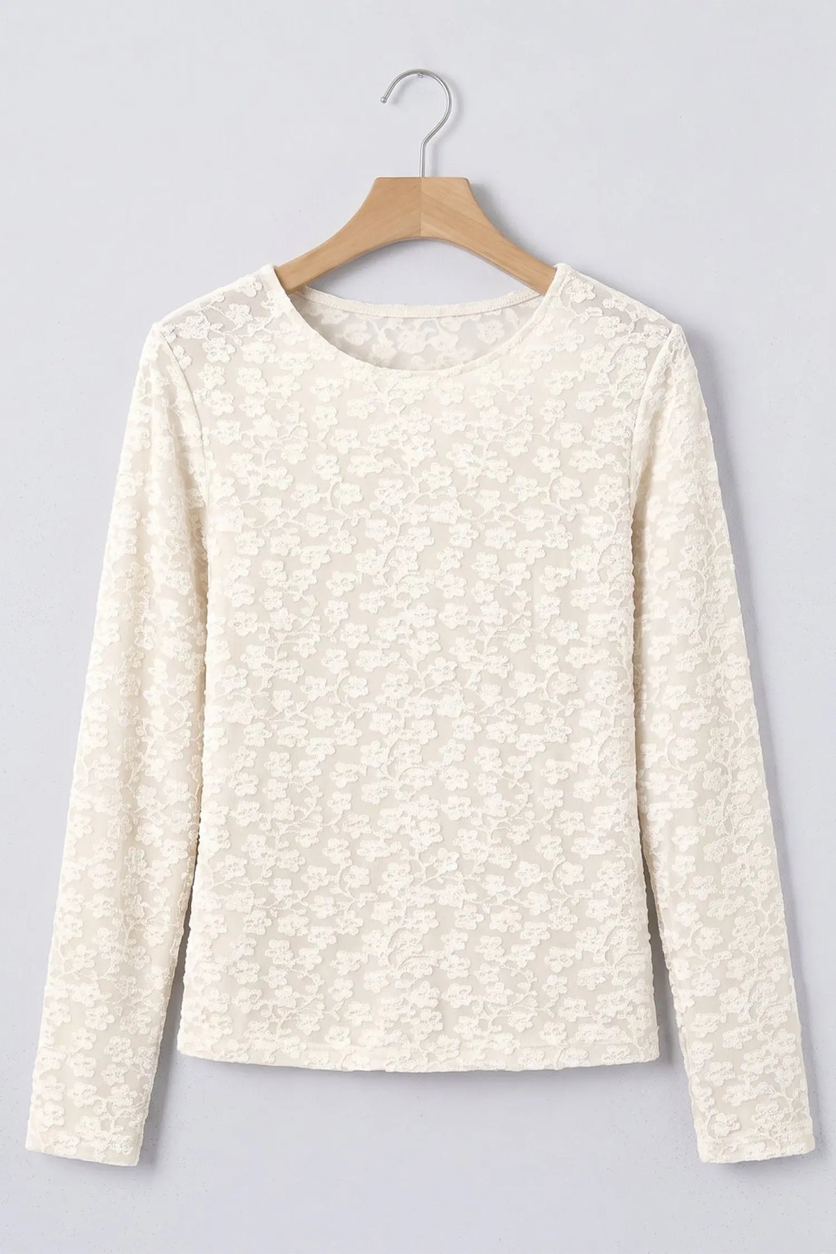 White Solid Color Floral Textured Long Sleeve Top