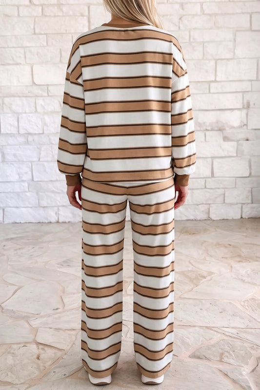 Khaki Stripe Contrast Trim Patchwork Casual Two-Piece Pants Set
