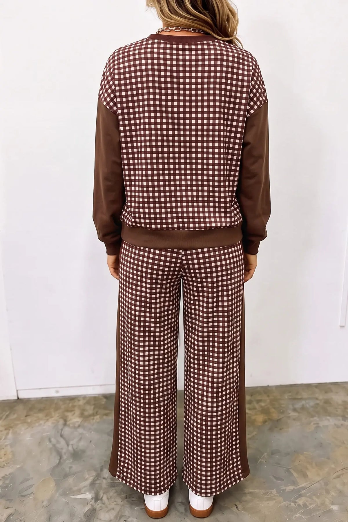 Brown color block plaid patchwork long sleeve pullover wide leg pant set model back view · nz-alt-v1