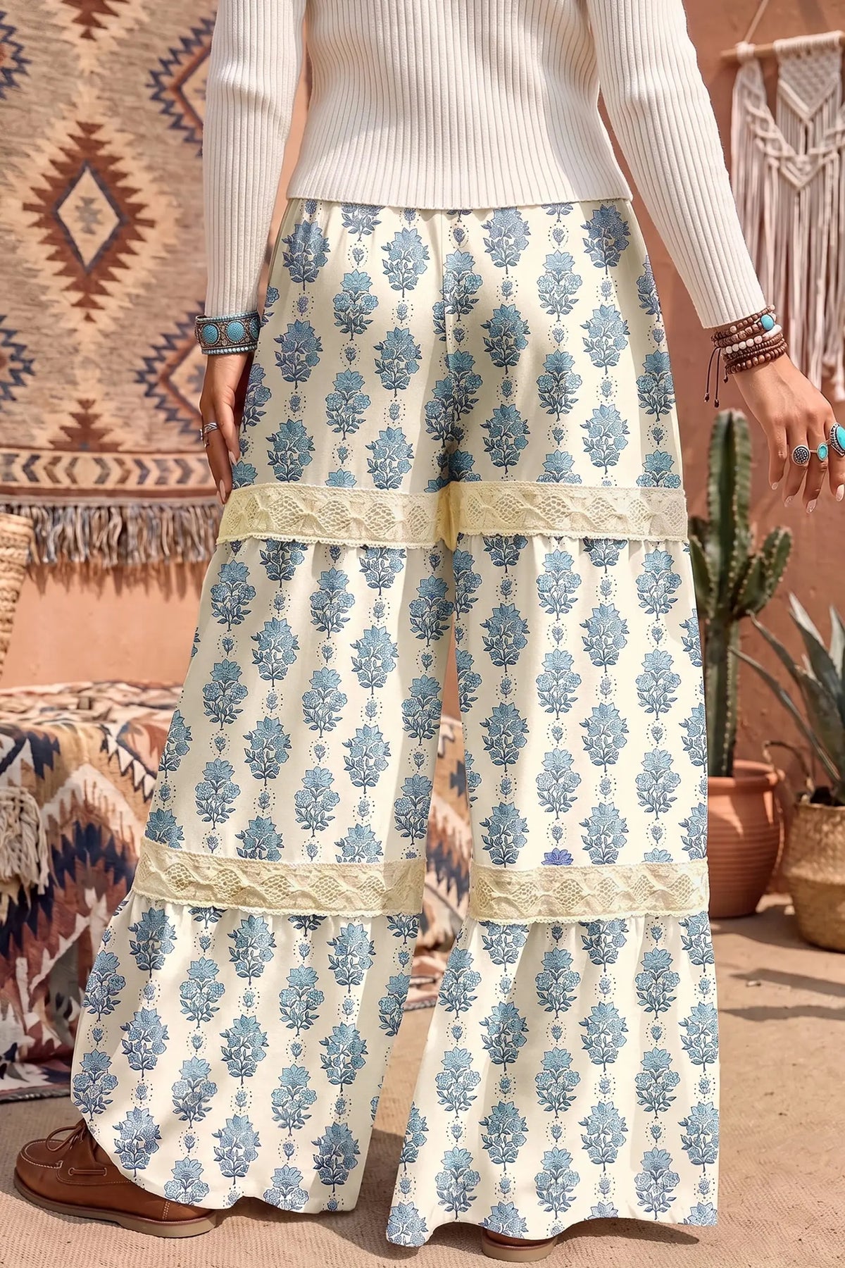 Sky Blue Floral Print Lace Patchwork Detail Wide Leg Pants model back view · nz-alt-v1