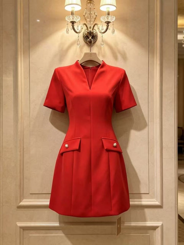 Split-Neck Tailored Mini Dress with Pocket Flaps hanging view · nz-alt-v1