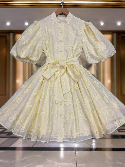 Floral Appliqué Puff Sleeve Mini Dress hanging view · nz-bg-v1