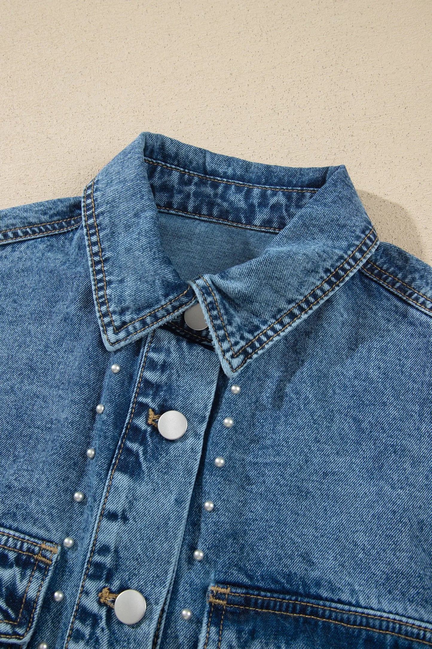 Sail Blue Rivet Embellished Western Style Regular Fit Long Sleeve Denim Jacket