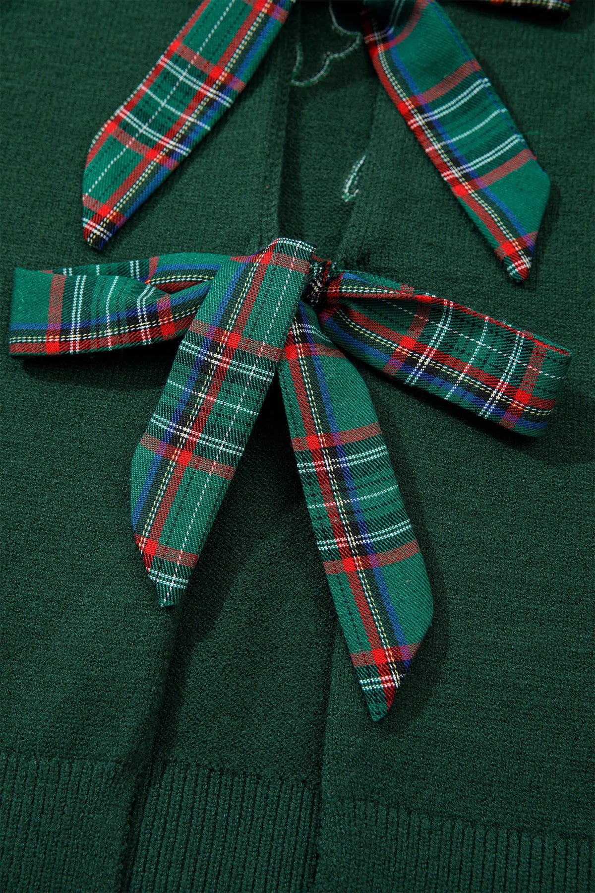 Blackish Green Plaid Bow Detail Drop Shoulder Christmas Sweater