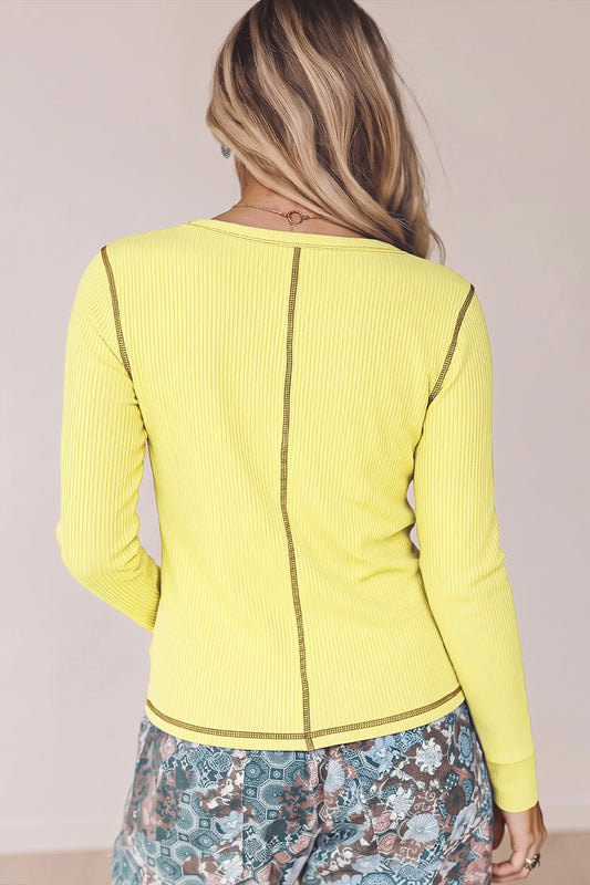 V neck ribbed stitched detail long sleeve top banana cream model back view · nz-alt-v1