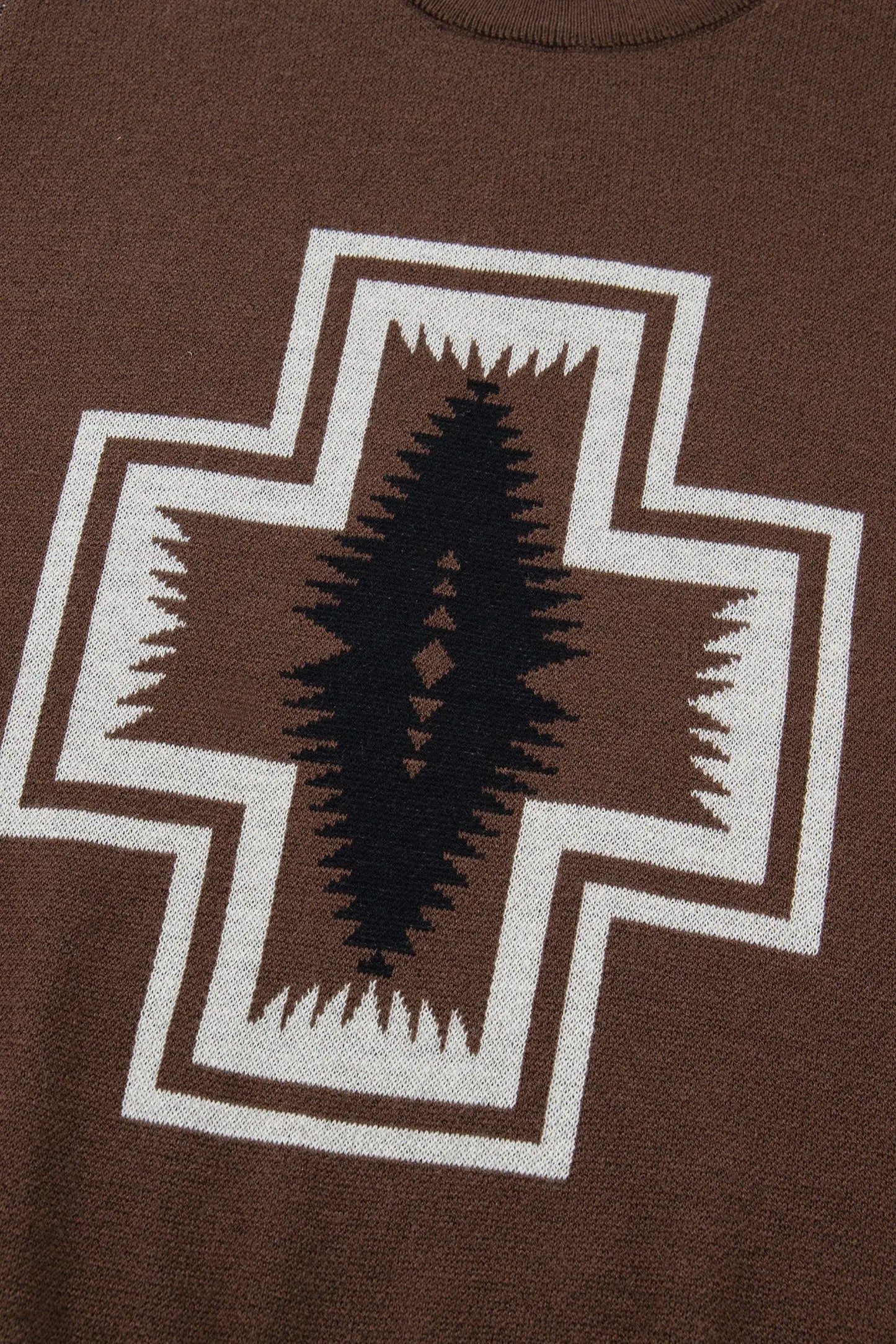 Brown Western Print Short Sleeve Knit Casual Sweater