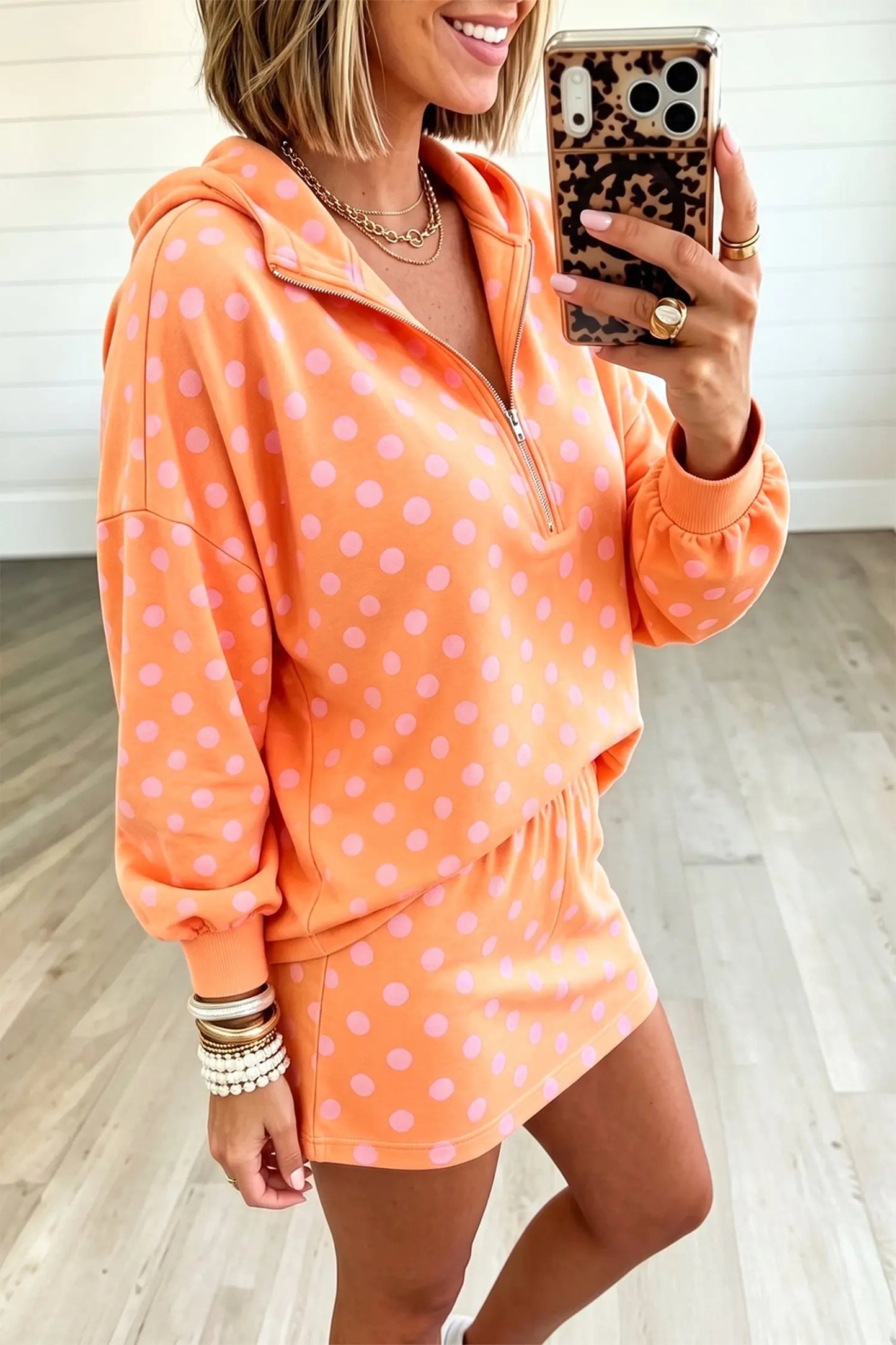 Pink Polka Dot Hooded Long Sleeve Top Casual Mini Skort Set