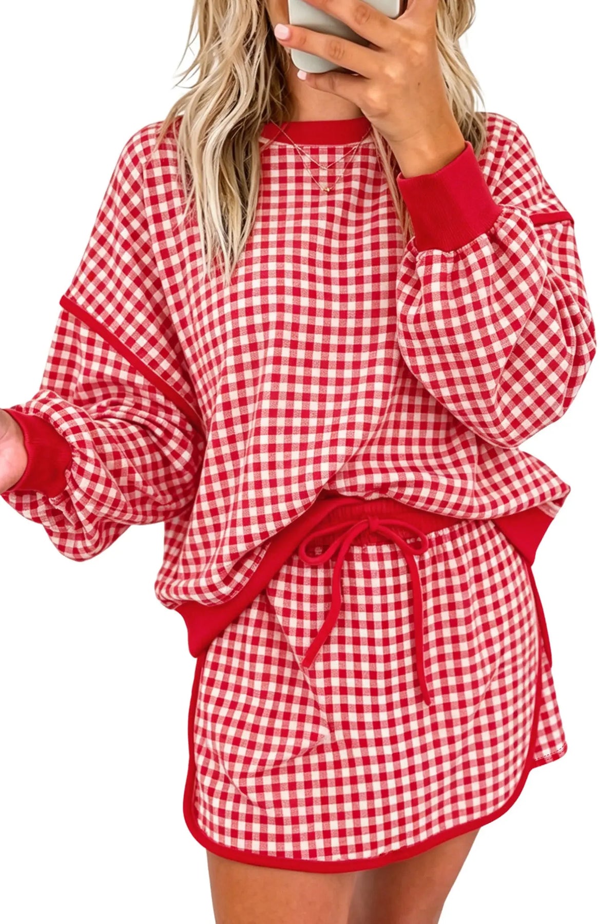 Red Gingham Oversized Ribbed Trim Crew Neck Long Sleeve Top and Skort Set