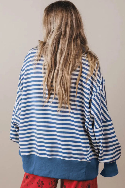 Blue Stripe Color Block Trim Raw Seam Split Hem Loose Pullover Sweatshirt