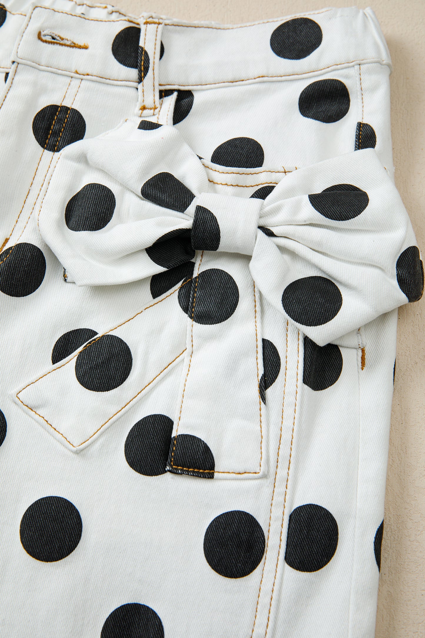 Sky Blue Polka Dot Print Bow Detail Pocketed Jeans