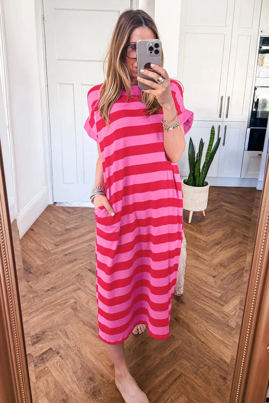 Rose Stripe Cuffed Short Sleeve Pocketed Casual T Shirt Long Dress model front view · nz-alt-v1