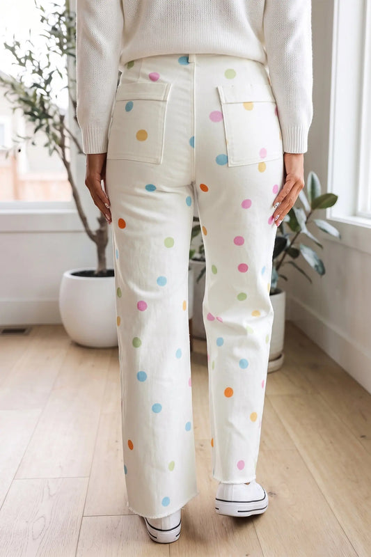 White High Waist Polka Dot Straight Leg Casual Jeans