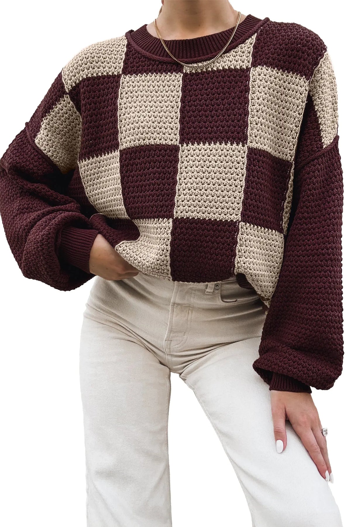 Brown Checkered Pattern Knit Loose Pullover Sweater model front view · nz-alt-v1