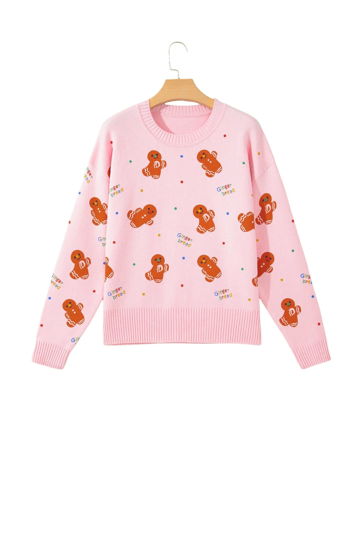 Pink Festive Gingerbread Pattern Long Sleeve Round Neck Sweater