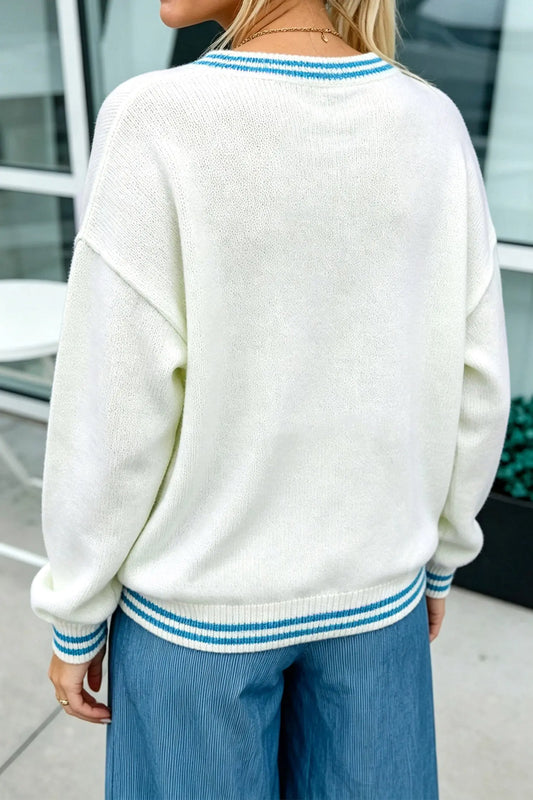 Light blue bulldog contrast trim round neck casual sweater model back view · nz-alt-v1