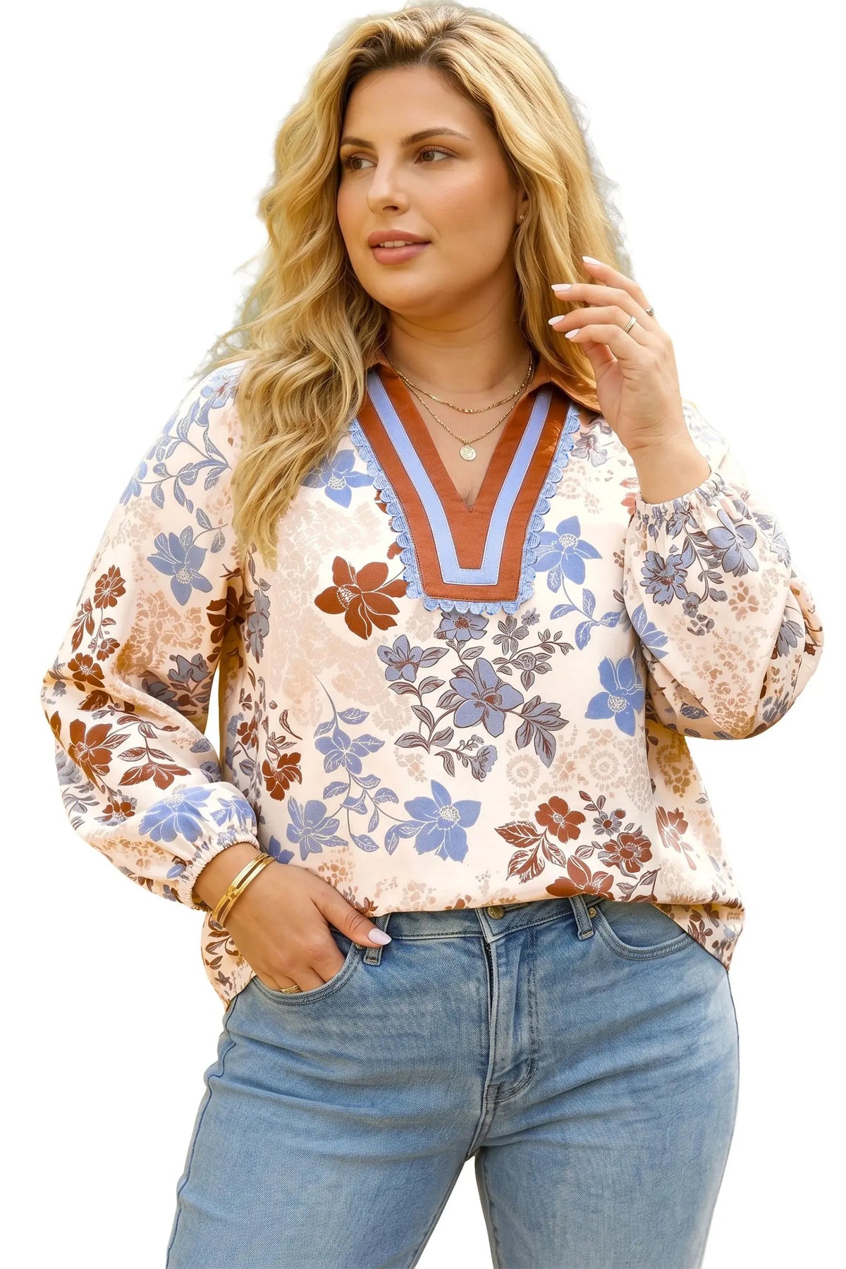 White plus size floral print contrast collar V neck long sleeve blouse model front view · nz-alt-v1