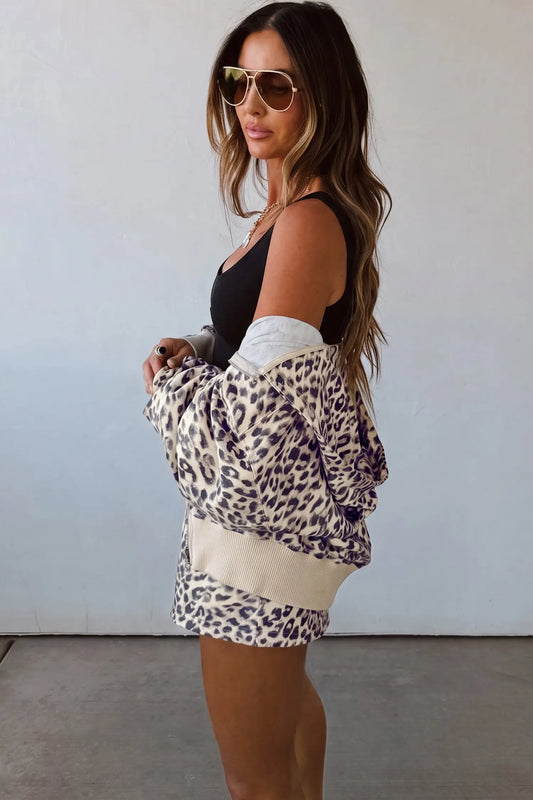 Multicolour Leopard Zip-Up Hooded Drawstring Pant Set