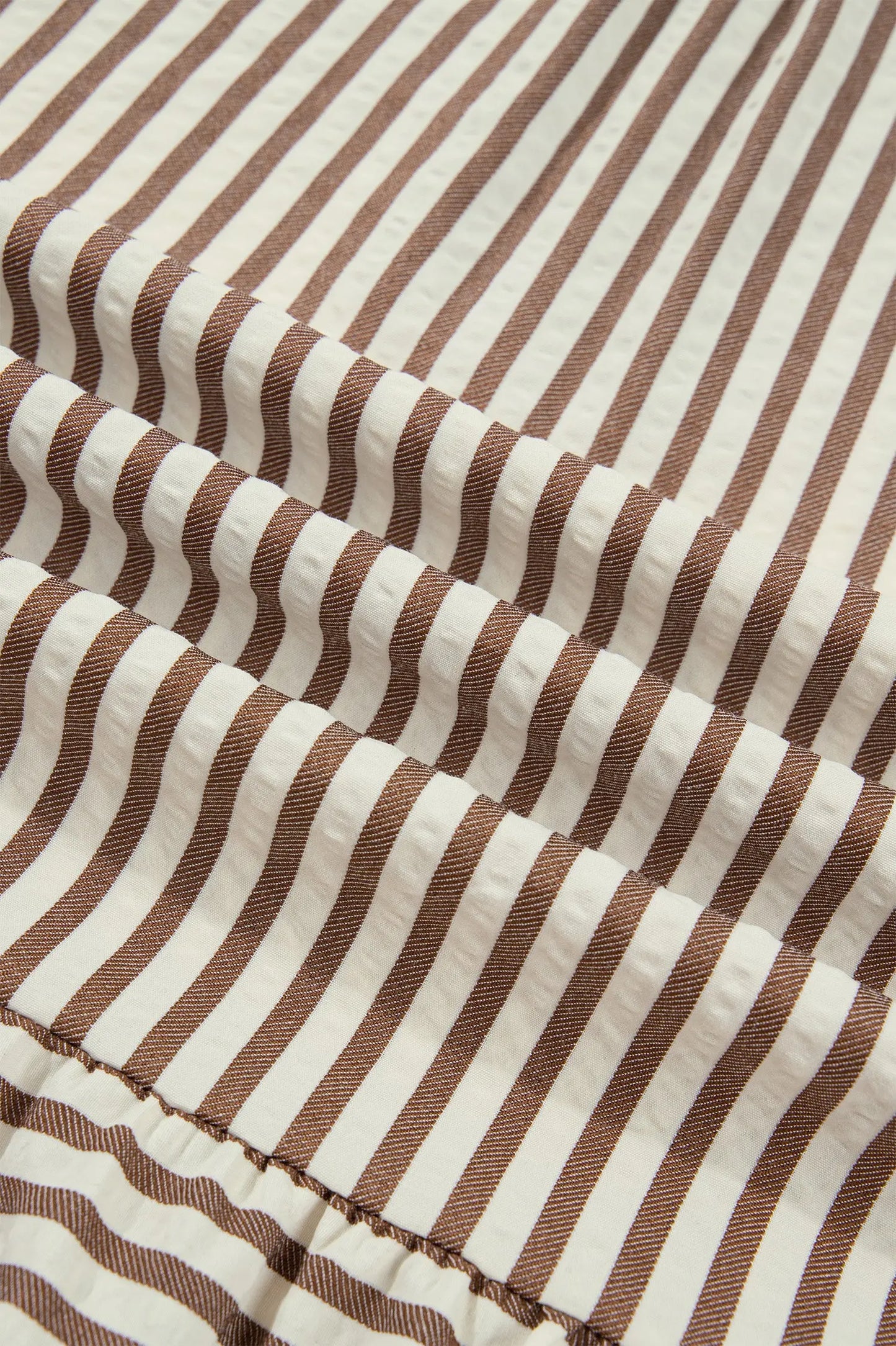 Brown Stripe Shirt Collar Color Block Patchwork Trim Ruffle Hem Short Dress