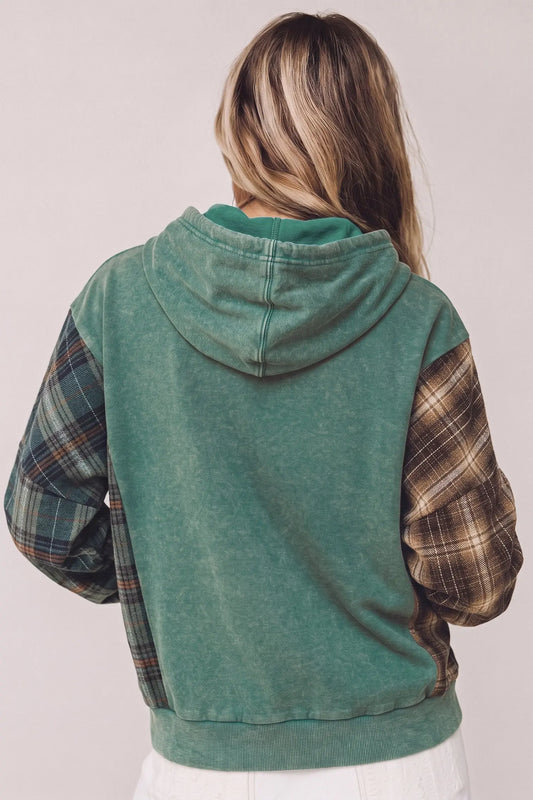 Smoke Green Plaid Colorblock Hoodie model back view · nz-alt-v1