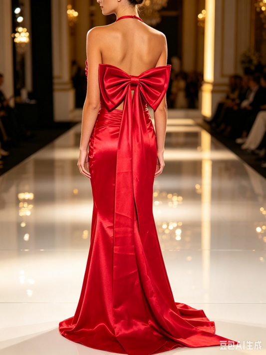 Red Halter Bow-Back Two-Piece Gown Set model back view · nz-bg-v1