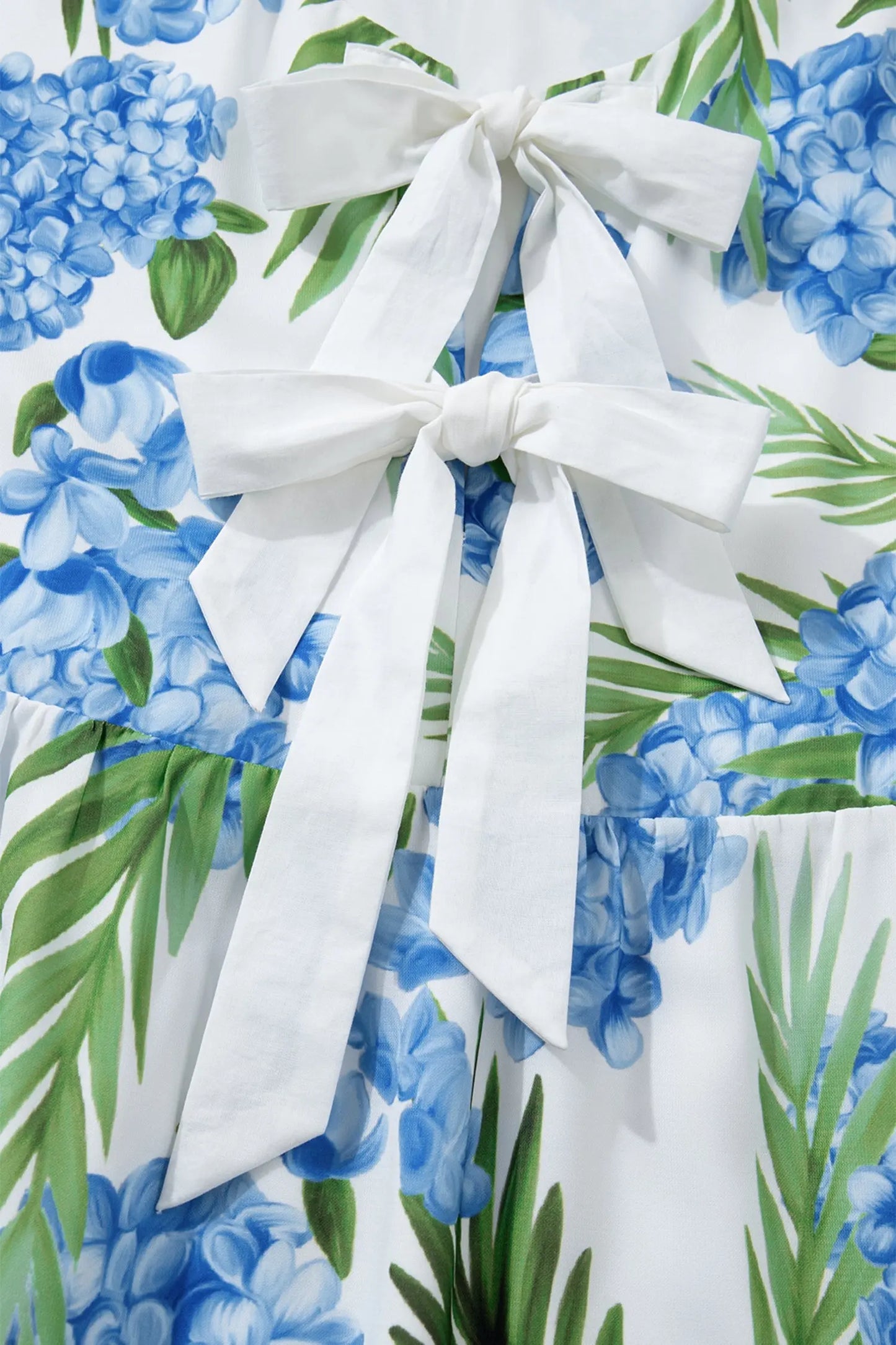 Sky Blue Palm Floral Print Contrast Ribbon Knot Ruffle Tiered Sleeve Mini Dress - Casual Dresses