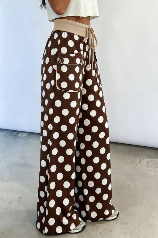 Brown Polka Dot Drawstring Pocket Wide Leg Pants side view · nz-alt-v1