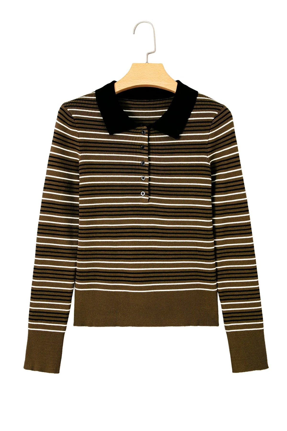 Green Stripe Striped Ribbed Knit Button Collar Sweater